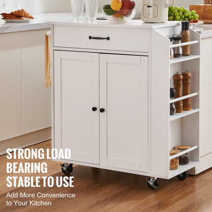 White Rolling Kitchen Storage Cart with Power Strip and Wheels