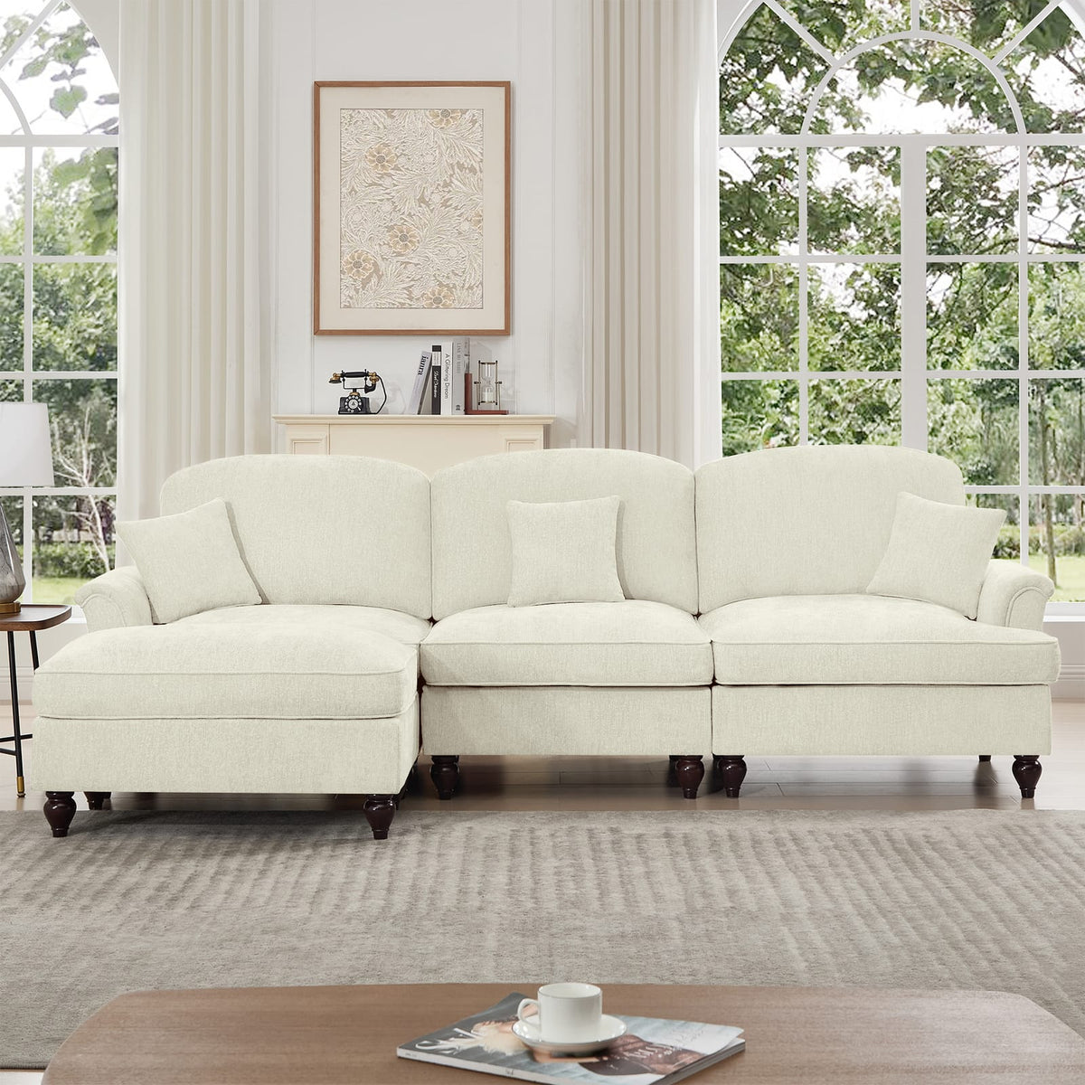 3 Seat Beige White Chenille Sectional Sofa with Removable Ruffles for Living Room