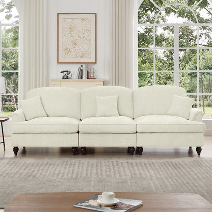 3 Seat Beige White Chenille Sofa with Ruffles for Living Room