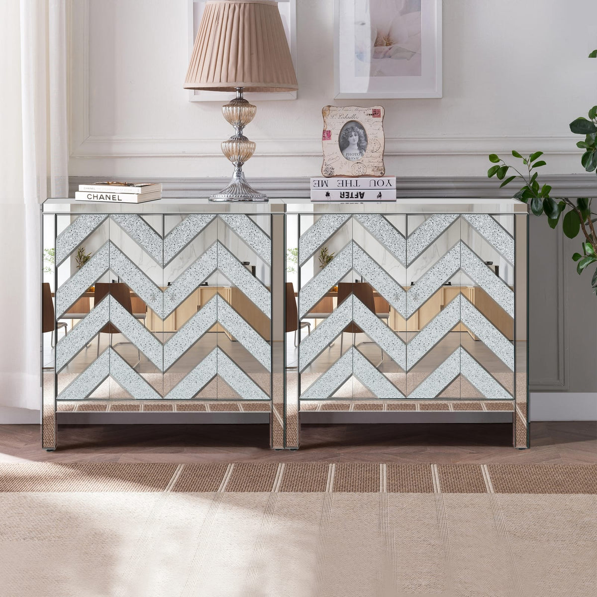 Silver Grey MDF Glass Storage Cabinet with Mirror - Bedroom Storage