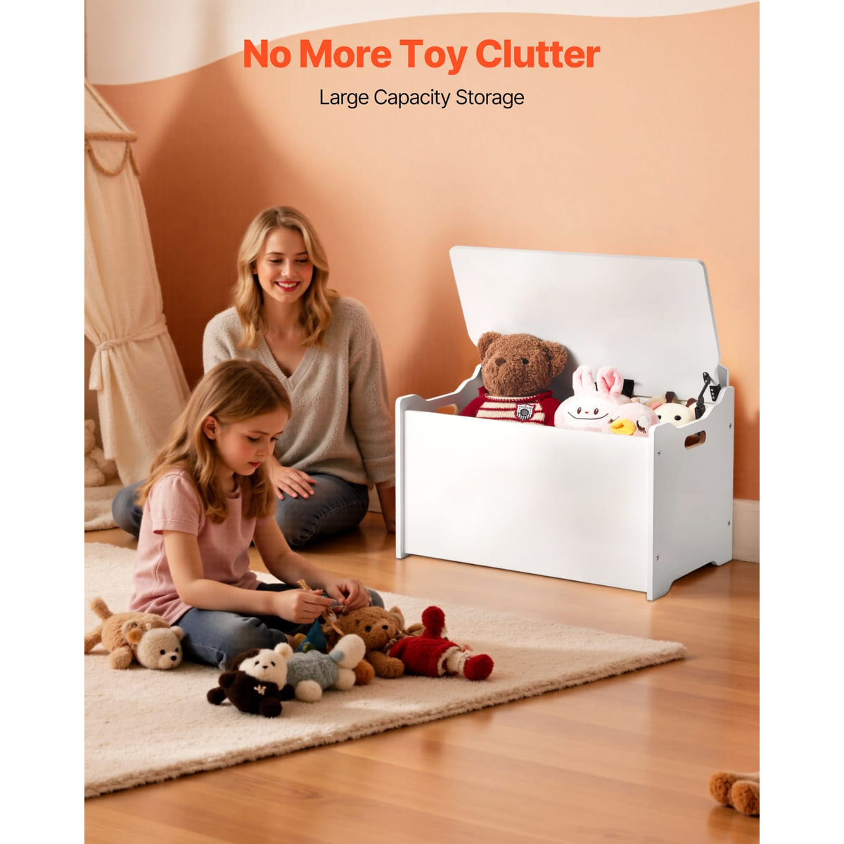 White Kids Storage Bench - MDF Toy Box with Backrest