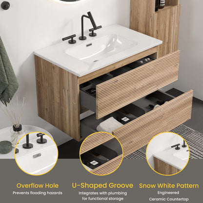 Gloria 30" Wall Mounted Rough Oak Bathroom Vanity - Storage & Sink