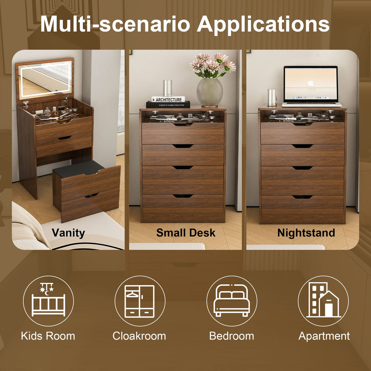 Walnut 3-in-1 Vanity Desk with Mirror and Stool for Storage for Bedroom