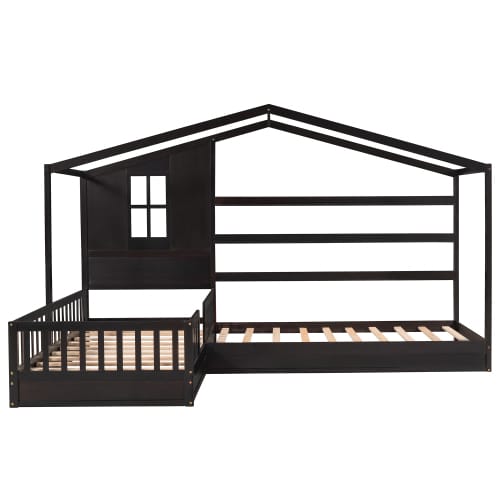 Wood House Bed Twin Size - 2 Twin Solid Beds with Fence & Slatted Frame, Espresso