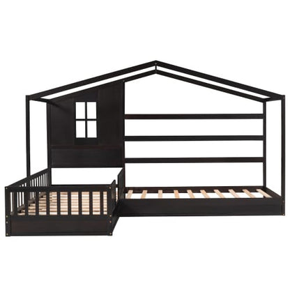 Wood House Bed Twin Size - 2 Twin Solid Beds with Fence & Slatted Frame, Espresso