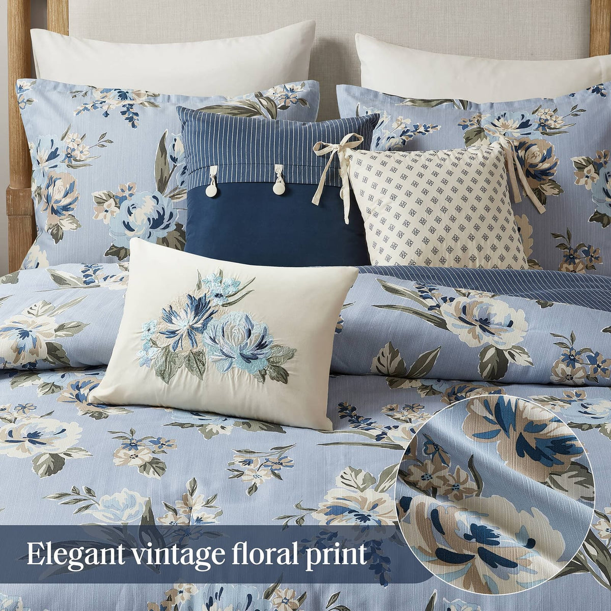 King Blue Floral Comforter Set - 7 Piece Bedding
