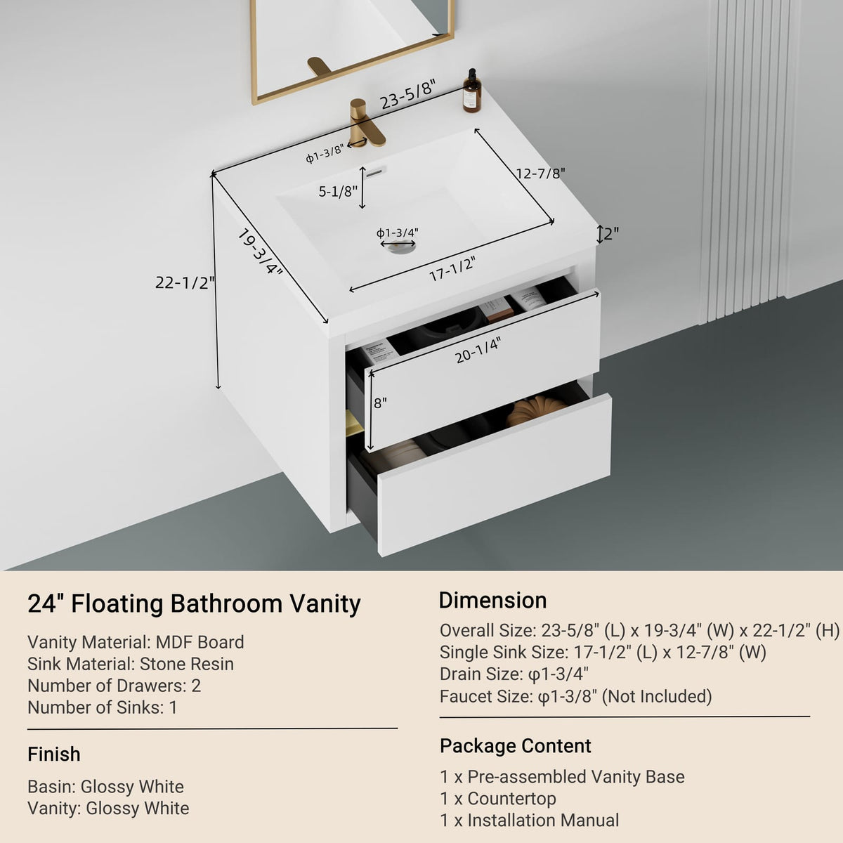 Glossy White Bathroom Vanity - Storage & Sink Unit