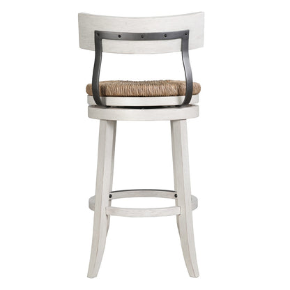 Reclaimed Wood Bar Stool with Seagrass Seat, White Finish for Bedroom