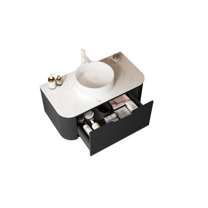 Modern Wall-Mounted Bathroom Vanity with Ceramic Basin, White Black
