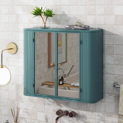 Army Green Bathroom Storage Cabinet with Mirror - 2 Door Wall Mounted