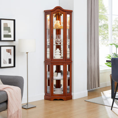 Walnut Corner Display Cabinet with Glass Shelves for Living Room Storage