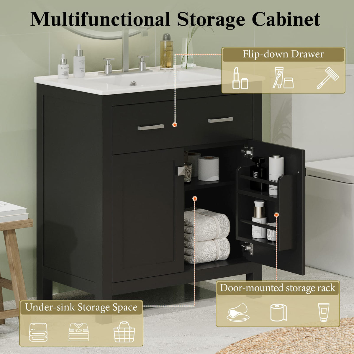 30" Black Bathroom Vanity with Ceramic Sink & Storage