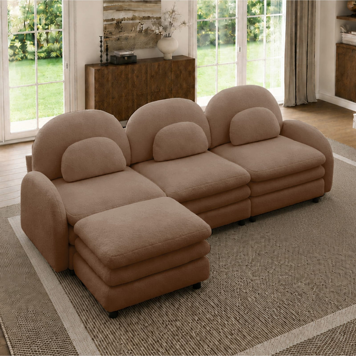 Camel Teddy Fabric 3-Seat Sofa - Curved Backrest & Armrests