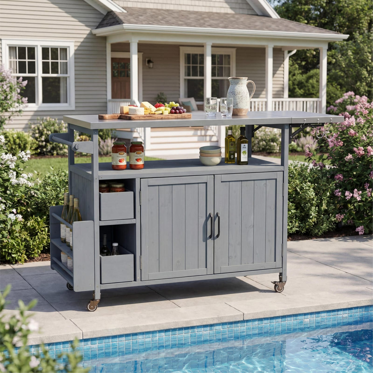 Blue Gray Solid Wood Rolling Kitchen Cart - Outdoor BBQ Cart