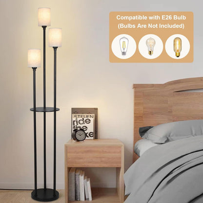 3-Light Rattan Metal Floor Lamp with Shelves - Brown Black Bedroom Lighting