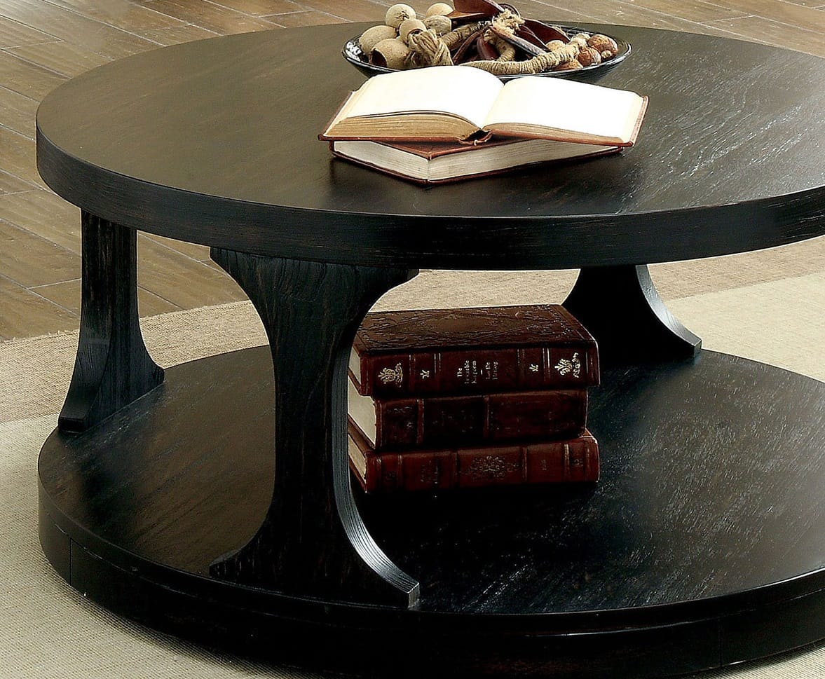 Antique Black Round Coffee Table with Shelf - 36" Diameter for Living Room