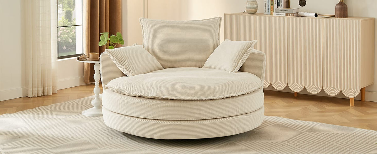360° Swivel Sofa Chair - Beige Corduroy Barrel Accent Chair