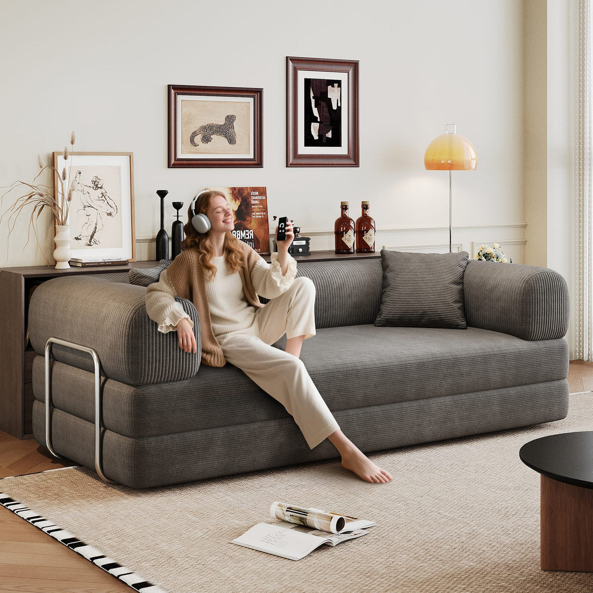 78.8" Grey Corduroy Sofa Bed Convertible Sleeper Futon, No Assembly Needed