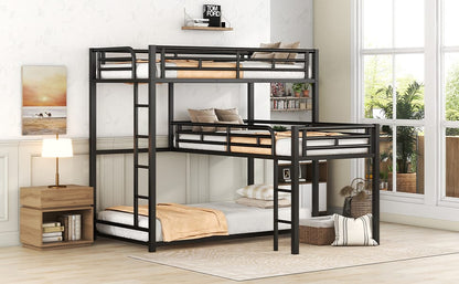 L-Shaped Metal Bunk Bed - Black (Triple Twin Size) for Bedroom