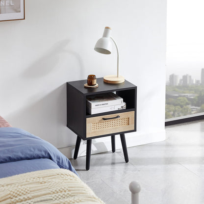 Black Rattan End Table with Drawer - Bedroom Nightstand