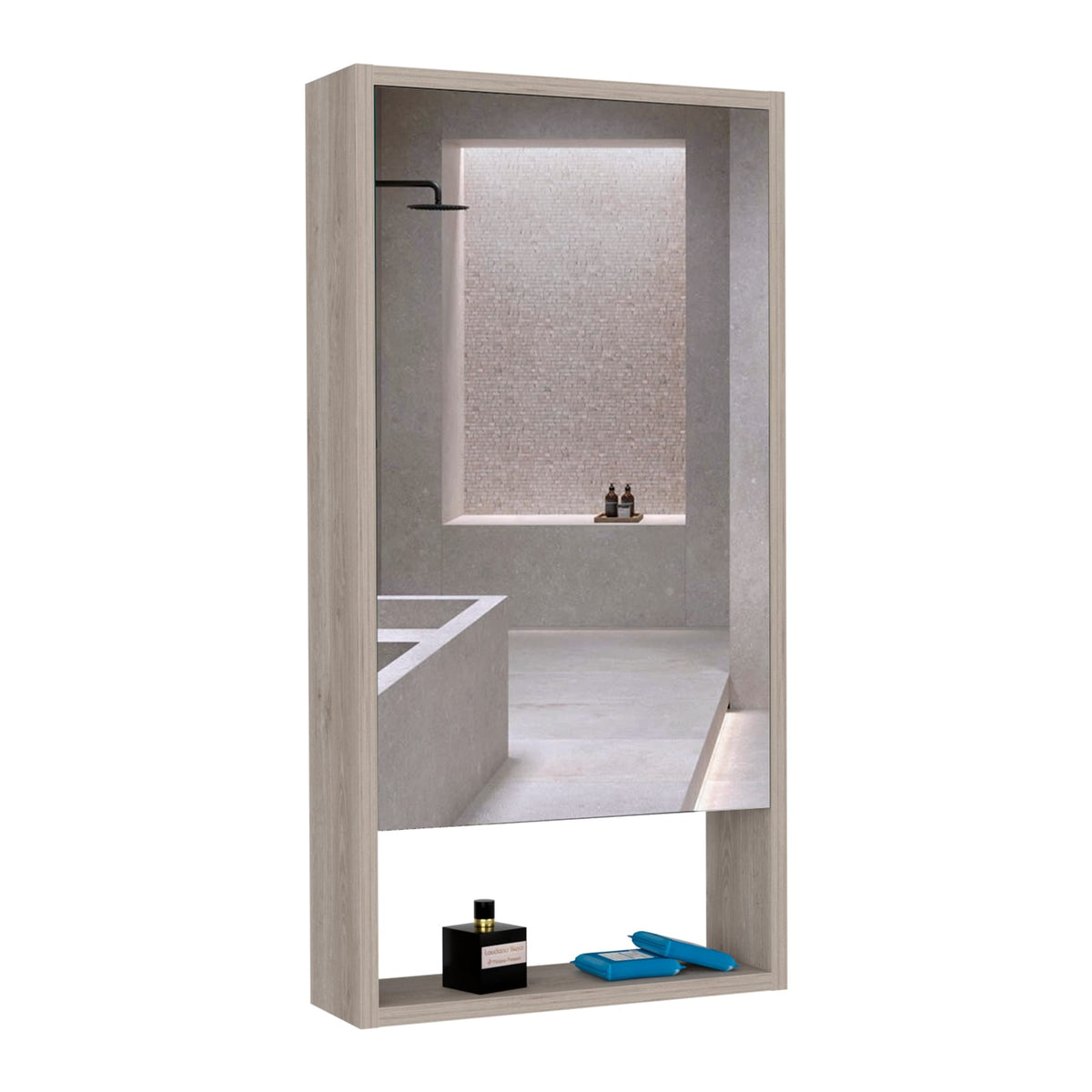 Light Gray Medicine Cabinet with Mirror - 35.4" Tall Storage Unit