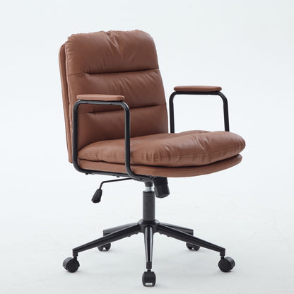 Brown Office Chair Mid Back PU Leather Ergonomic Desk Rolling Swivel Chair