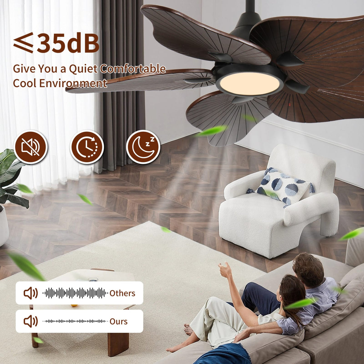44 Inch Solid Wood Ceiling Fan - Acacia Wood Blades, DC Motor, Remote Control