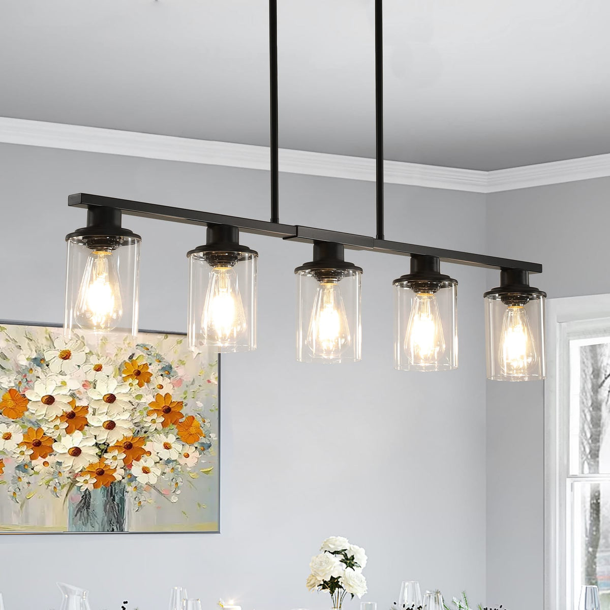 37" Modern Industrial Chandelier - Black Metal, 5 Lights