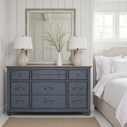 66" Blue Rubber Wood Dresser - Nine Drawers