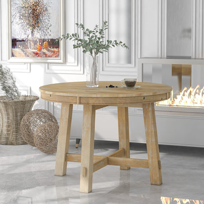 TREXM Farmhouse Round Extendable Dining Table - Natural Wood Wash