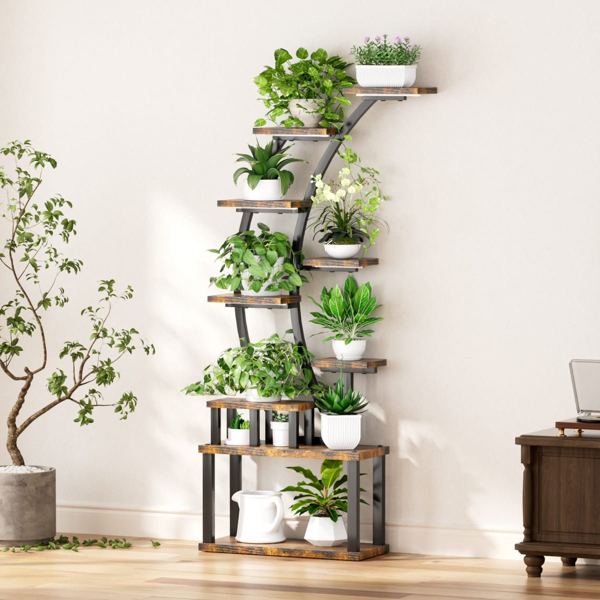 9-Tier Rustic Brown Plant Stand - 63" Tall Display Shelf