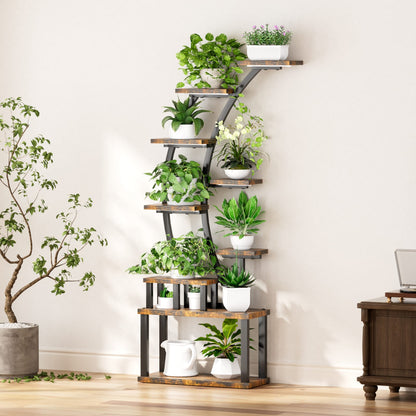 9-Tier Rustic Brown Plant Stand - 63" Tall Display Shelf
