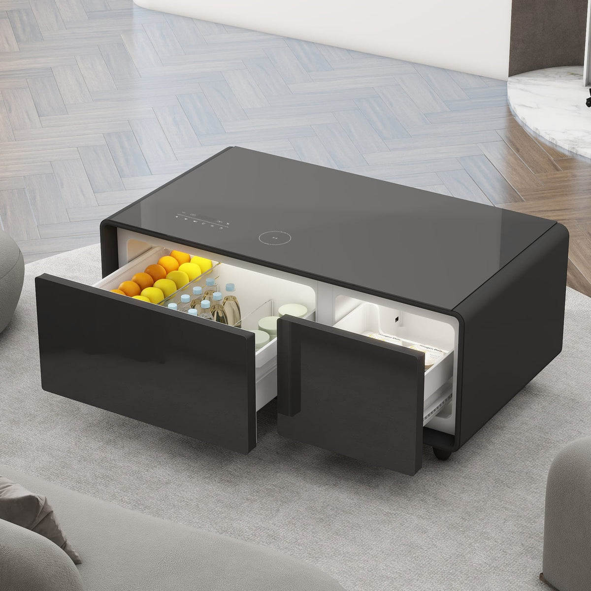 Modern Smart Coffee Table with Built-in Fridge & USB Ports, Black for Living Room