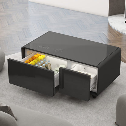 Modern Smart Coffee Table with Built-in Fridge & USB Ports, Black for Living Room