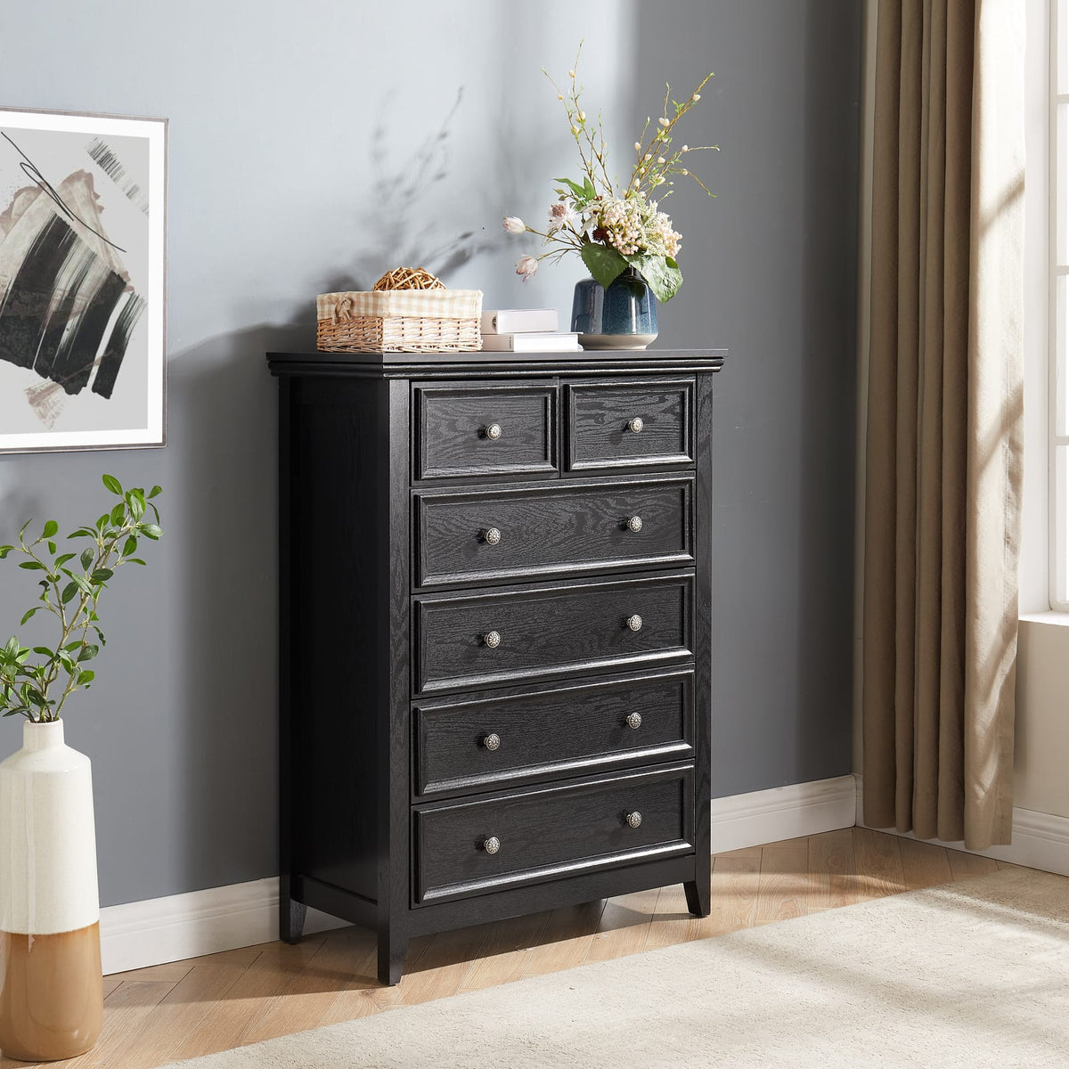 Black MDF 6 Drawer Dresser for Bedroom Storage and Organization for Living Room