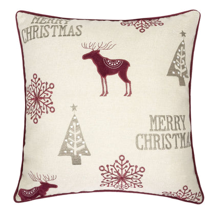 Merry Christmas Embroidered Throw Pillow - 20x20" Red Polyester Holiday Cushion