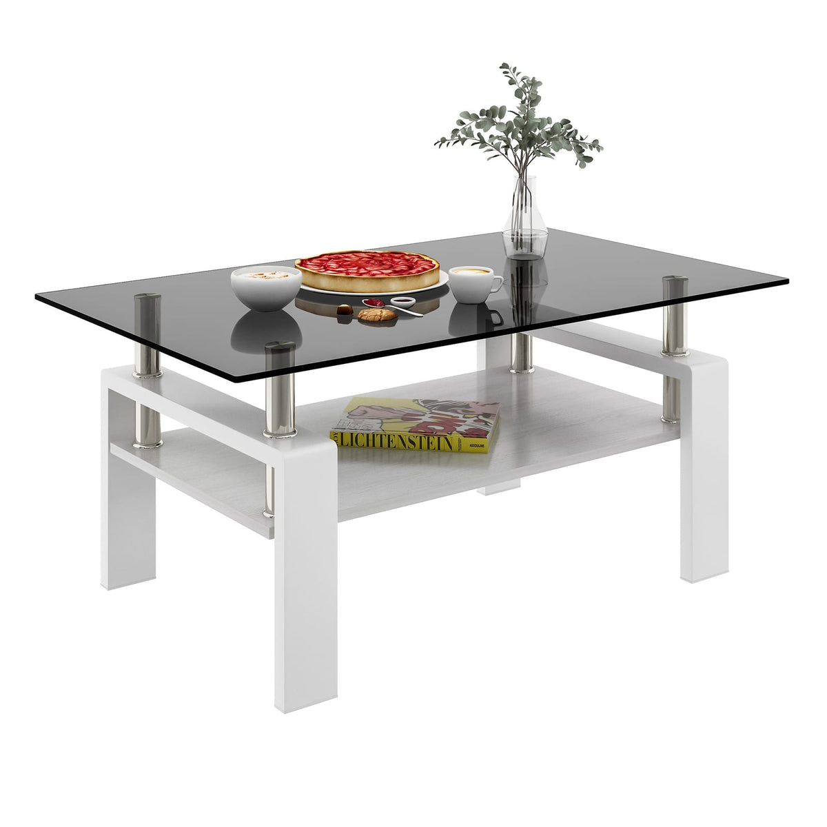 Rectangle Coffee Table - Gray Tempered Glass, Modern Storage Table