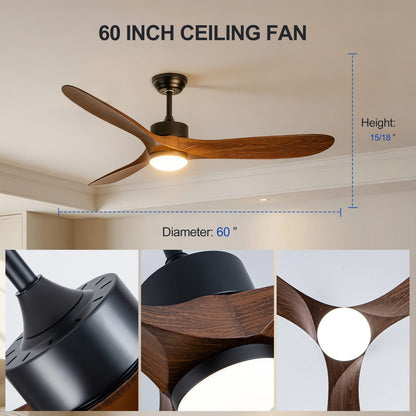 60 Inch Matte Black Ceiling Fan with Wood Blades - DC Motor, Remote Control
