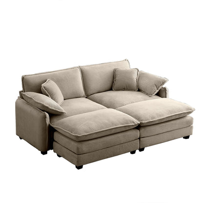Tan Corduroy Two-Seater Sofa with Footrest for Living Room