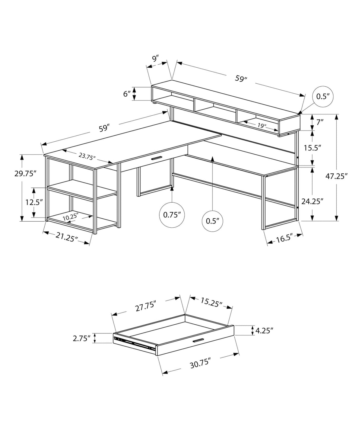 L-Shaped Corner Desk with Storage - Taupe MDF & Black Metal