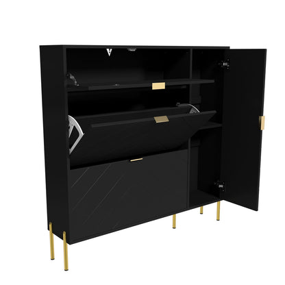 Black MDF Shoe Storage Cabinet - Flip-Up Drawers & Shelves