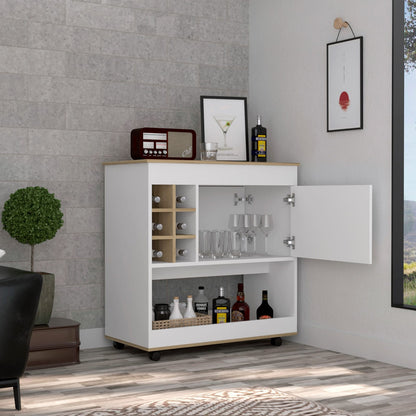 Light Oak Bar Cart - 6 Bottle Storage, Lower Panel Design