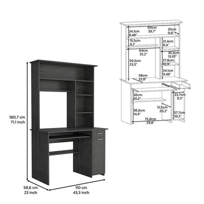 Smoky Oak Compu Hutch Desk - Storage & Keyboard Tray for Home Office