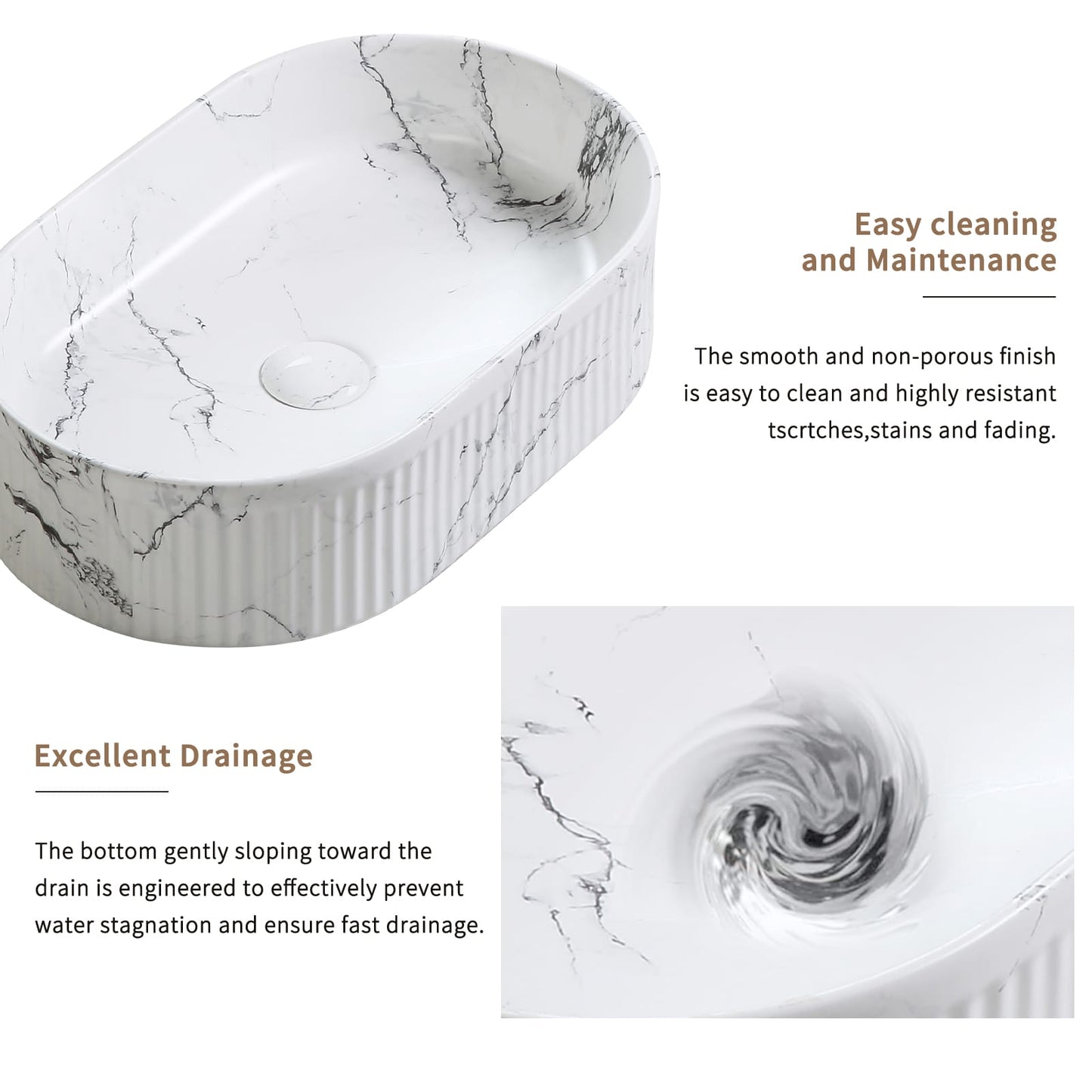 White & Black Marble Vessel Sink - 19" Round Above Counter Bathroom Vanity Sink