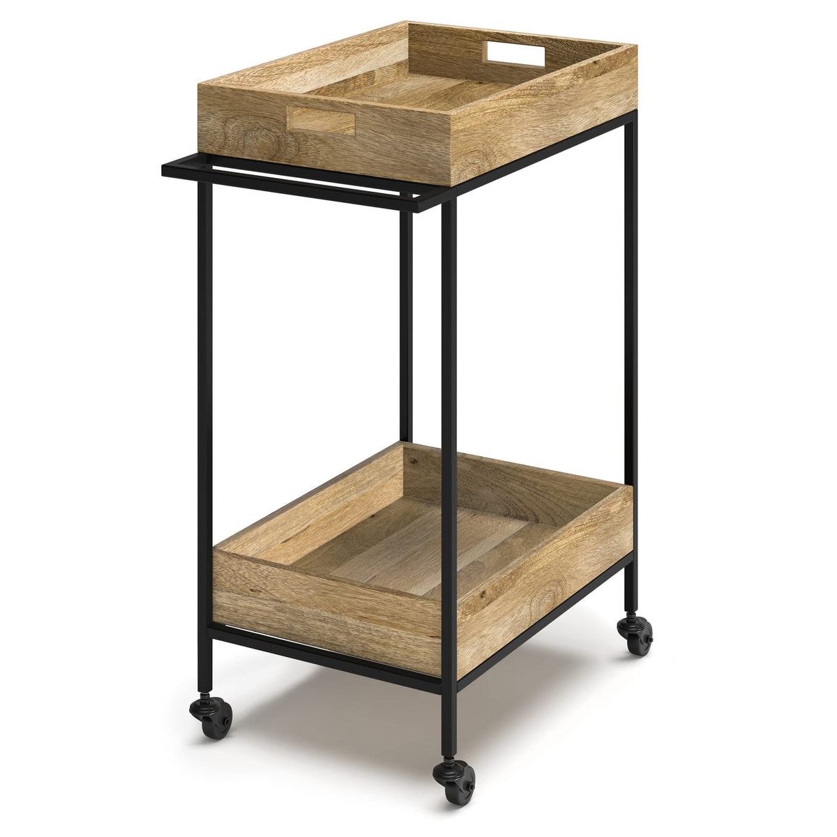 Light Brown Mango Wood Kitchen Storage Trolley with Metal Base