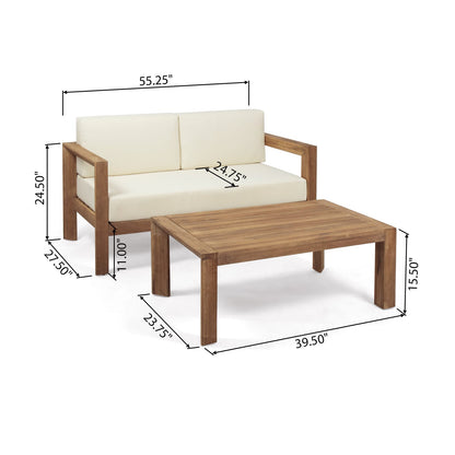 Beige Brown Acacia Wood Loveseat & Coffee Table Patio Set