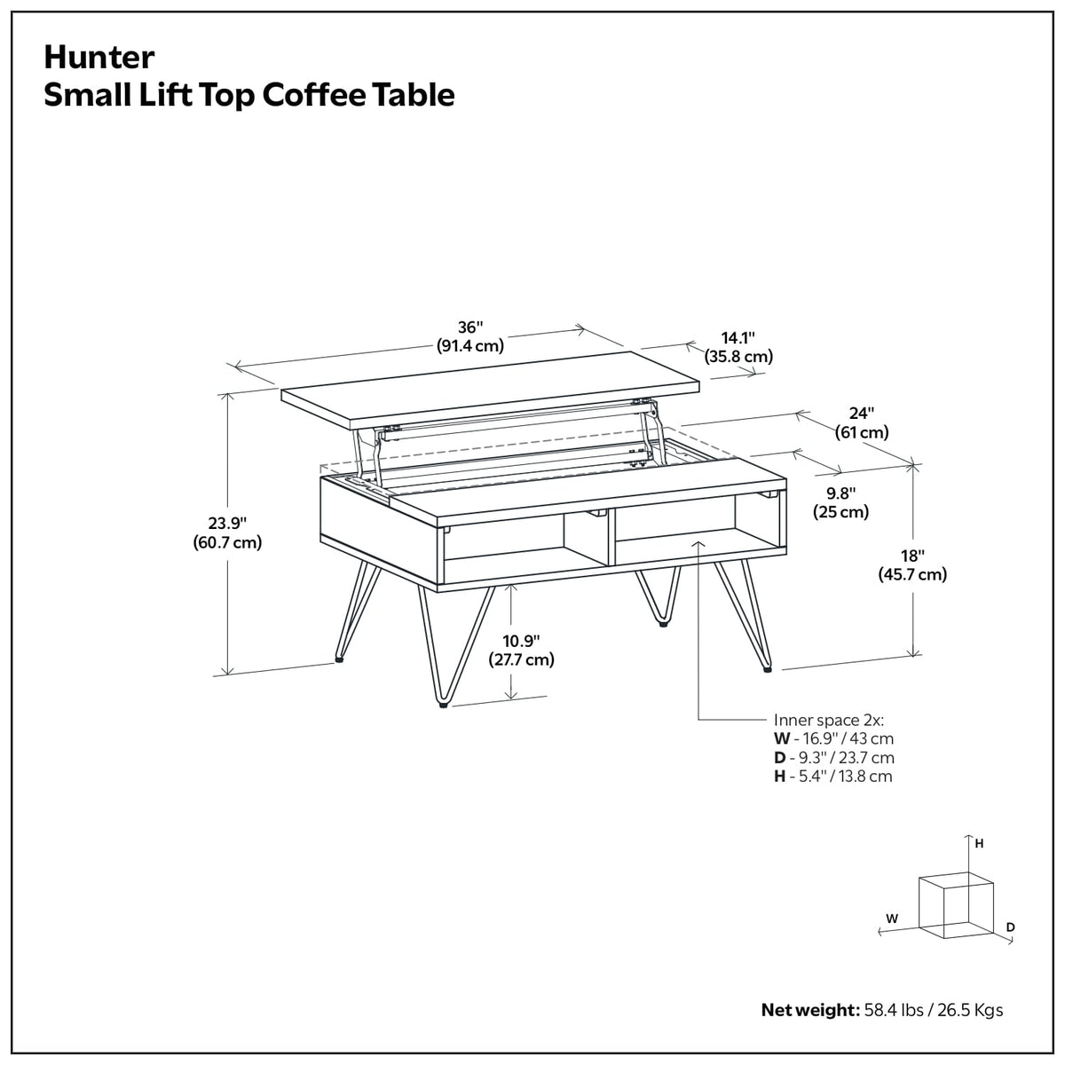 36 Inch Wide Lift Top Coffee Table - Oak Storage for Living Room