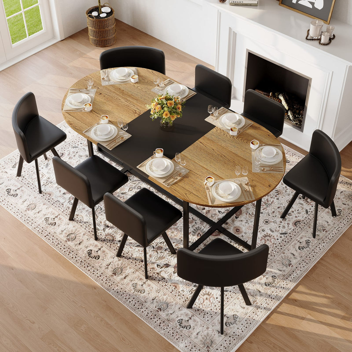 Dining Room 9-Piece Oval Dining Table Set - Seats 8, Black Wood Grain & PU Leather
