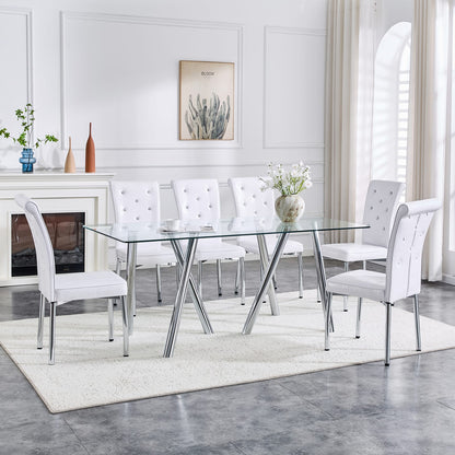 71 Inch Tempered Glass Dining Table - White Metal Legs