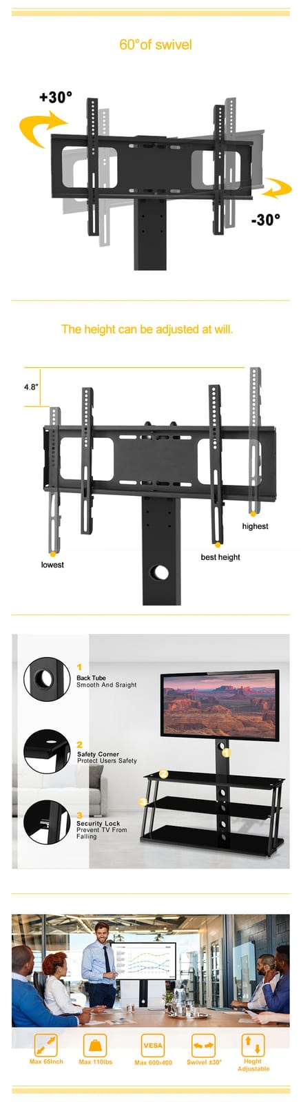 Black Tempered Glass TV Stand - 32-65 Inch Fits